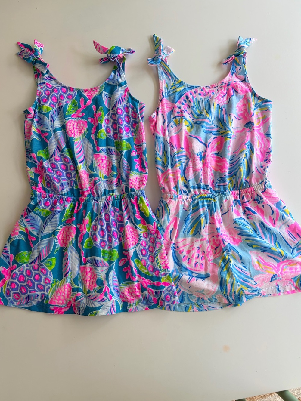 Lilly Pulitzer Pink & Blue Tropical Tie-Shoulder Rompers Pair